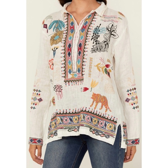 Johnny Was 100% linen embroidered blouse NEW - Picture 1 of 15